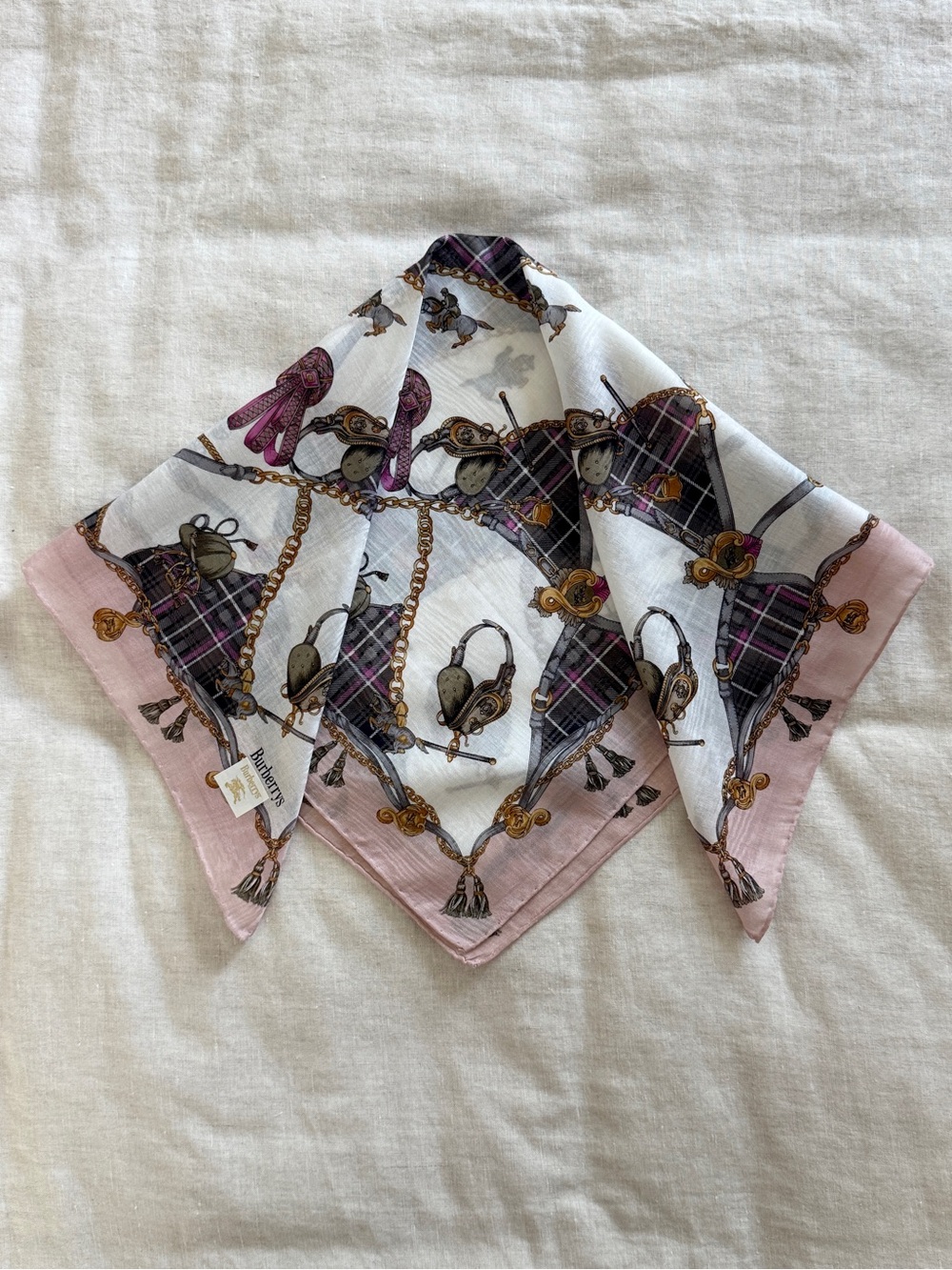 Vintage Burberrys Equestrian Horsebit Cotton Bandana Scarf Made in Japan - Picture 9 of 12